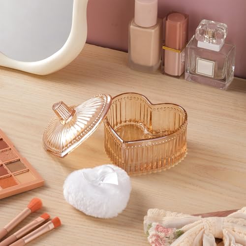 Dusting Powder Container with Velour Puff Cute Heart Shaped Body Powder Jar with Reusable and Washable Puff Clear Amber Glass Makeup Holder for Women
