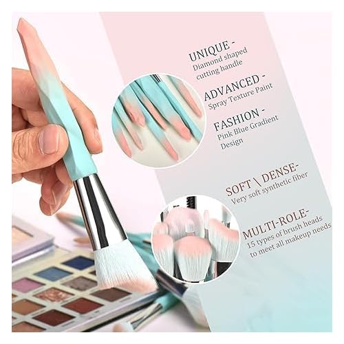 Makeup Brushes - 15pcs makeup brush set (Aquamarine)