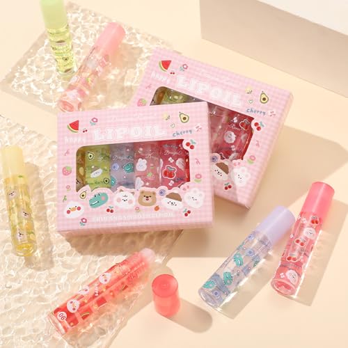 Dulele 6PCS Roll On Lip Gloss Set, Fruity Flavors Rolling Ball Lip Oil, No-Sticky Gloss Lip Balm Lip Care for Dry and Chapped Lips