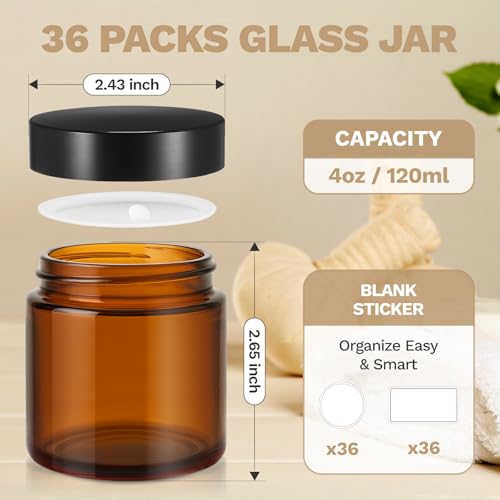 4 oz Small Glass Jars with Lids, Bumobum 36 Pack Amber Glass Lotion Jars with Inner Liners, 120ml Round Refillable Empty Containers with Blank Labels for Cream, Body Scrub, Cosmetic