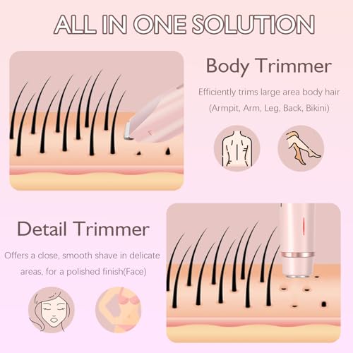 Bikini Trimmer for Women, 2-in-1 Dual Head Electric Razors for Women Pubic Hair, Waterproof Body Hair Trimmer and Face Shaver, Rechargeable Hair Removal for Bikini Legs Arm Sensitive Skin