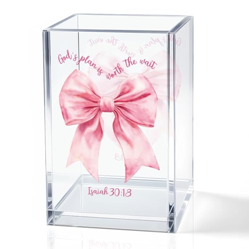 God's Plan is Worth The Wait Acrylic Cosmetic Holder, Pink Bow Clear Makeup Brush Holder Countertop, Storage Box for Makeup, Christian Bible Verses Birthday Gifts for Women Girlfriend Her