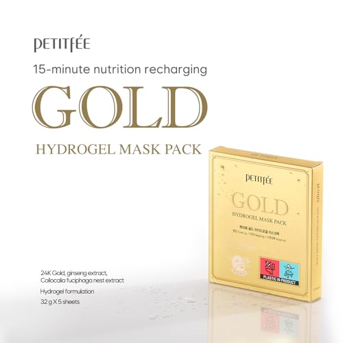 Petitfee Gold Hydrogel Mask Pack 5ea - 24k Gold Face Mask for Moisturizing, Glow Skin, Hydrating, Skin Elasticity, Youthful Complexion, Ginseng, Collagen Facial Mask