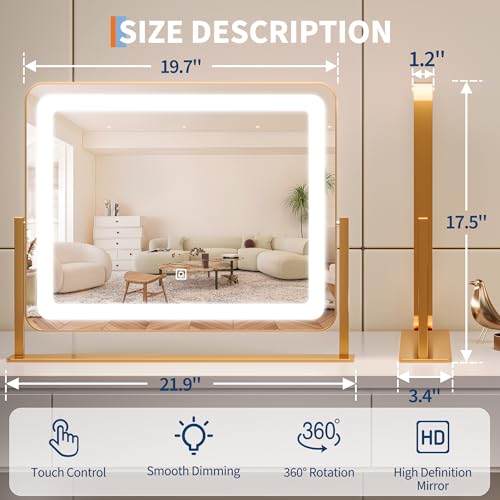 GAOMON Vanity Mirror with Lights, 19.7"x17.5" Touch Screen LED Mirror, 3 Lighting Modes for Makeup/Skincare, Adjustable Tabletop Mirror for Bedroom/Bathroom Decor, Gold
