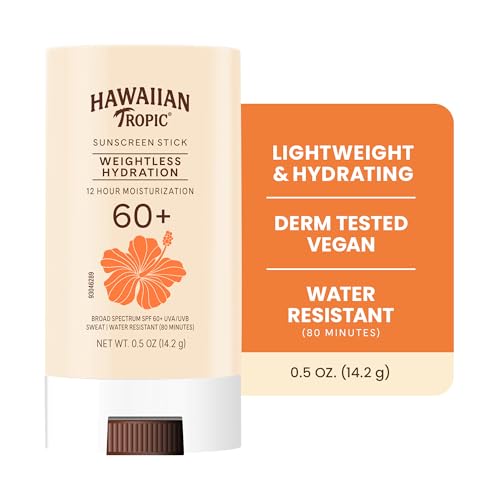 Hawaiian Tropic Weightless Hydration Sunscreen Stick SPF 60+ | Travel Size Sunscreen for Face and Body, Mini Sunblock Stick, Beach Essentials, Oil Free, Non Comedogenic Dermatologist Tested, 0.5oz