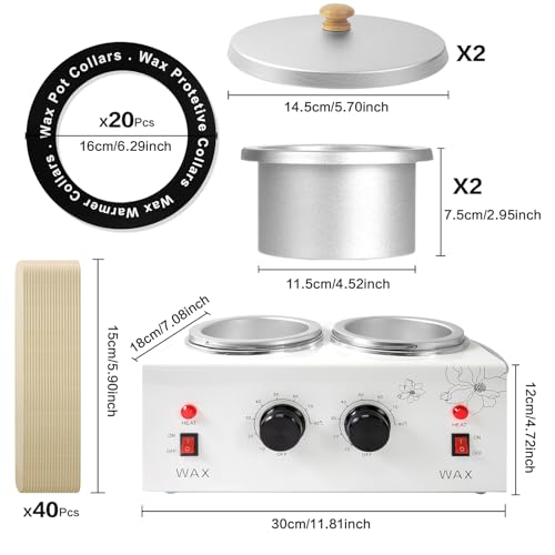 1.2L Double Portable Wax Warmer Machine for Painless Hair Removal, Women Men Professional Wax Heater with Adjustable Temperature Set, 40pcs Sticks
