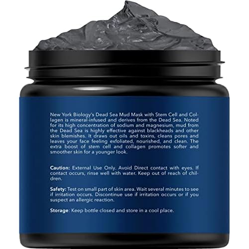 New York Biology Dead Sea Mud Mask for Face and Body Infused with Stem Cell and Collagen with 3 pcs Face Mask Brush Applicators - Spa Quality Pore Reducer for Acne, Blackheads and Oily Skin