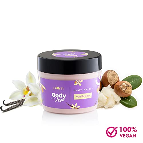 Plum Vanilla Body Butter for Dry Skin, With Shea Butter & Sunflower Oil, Deep Moisturizing Body Cream Lotion with Brazilian Seed Oil & Vitamin E, Non Sticky & Mineral Oil Free, 7.05 Oz