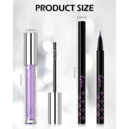 Silver Glitter Mascara + Eyeliner Pen Set, Shimmer Volume Colorful Mascara, Sparkling Liquid Eyeliner, Waterproof, High-Pigmented, All-Day Wear Shine Eye Makeup for Dazzling Looks