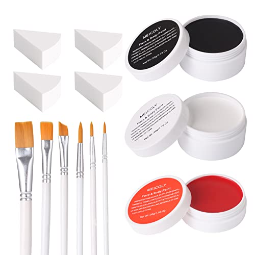 MEICOLY Clown Makeup Kit,White Black Red Face Body Paint for Halloween Devil Joker Zombie Vampire Skeleton SFX Makeup,Pro Oil Based Body Paint with 6 Painting Brushes,4 Sponges,130g/4.59 oz