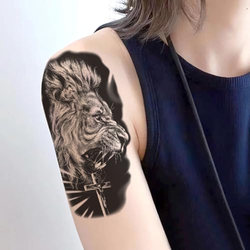 2 Sheets Realistic Animal Temporary Tattoos Stickers Black Lion Cross Designs For Men Waterproof Arm Leg Fake Body Art, Gym & Parties Bold Masculine Decals