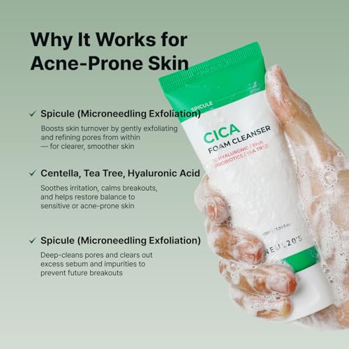 Spicule CICA Foam Cleanser, 3.38 fl oz/100ml | Hydrating Korean Face Wash with Centella Asiatica, Hyaluronic Acid & Tea Tree, Gentle Daily Cleanser for Sensitive & Acne-Prone Skin