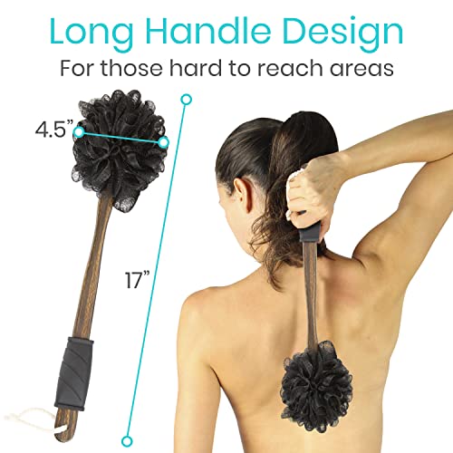Vive 17¡± Shower Loofah with Long Handle - Exfoliating Back & Body Scrubber for Men & Women - Luffa Sponge on a Stick for Bathing, Cleaning - Includes Extra Handheld Lufa, Hook & String to Hang on Wall