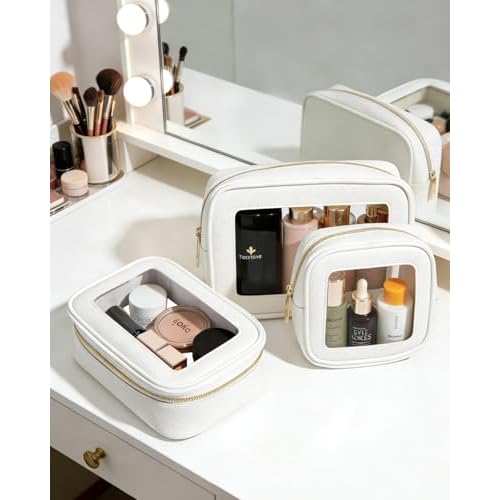 3Pcs Clear Makeup Bag Set for Women, Waterproof Travel Clear Makeup Bag Small Toiletry Bag Skincare Pouch Portable Travel Cosmetic Bag with Zipper Compact Car Organizer Bag for Essentials (White Set)