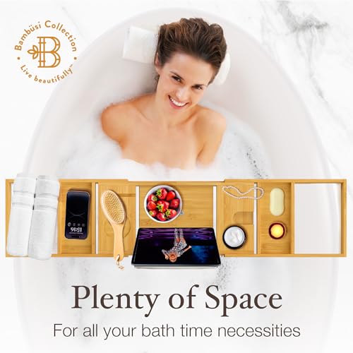 Wooden Bathtub Tray - Foldable Expandable Bamboo Bath Tray for Tub with Wine Holder, Book & Tablet Stand - Bath Caddy for Bathtub, Spa Bath Accessories for Women, Tub Tray Table, Gift for Her or Him