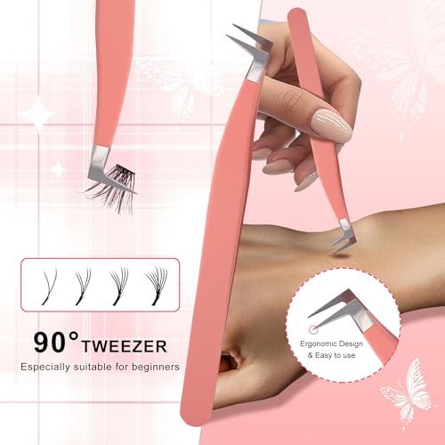 JoMay Eyelash Extension Tweezers 4Pcs Professional Kit High Precision Stainless Steel, Straight and Curved Volume Lash Tweezers Boot Volume 90 Degree, Girls Women Beginners (Pink)