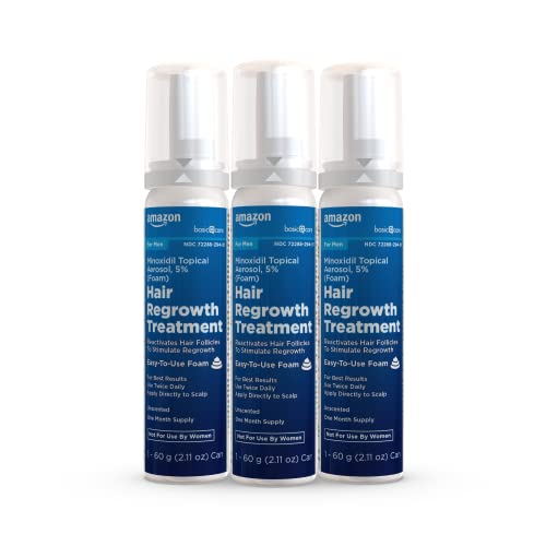 Amazon Basic Care Minoxidil Topical Aerosol, 5% Foam, Hair Regrowth Treatment for Men, Unscented, 2.11 oz, 3-Month Supply (3-Pack)