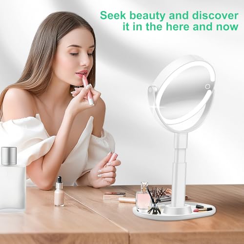 20X/1X Magnifying Makeup Mirror with Lights, Double-Sided Home Vanity Mirror with 3 Color Brightness Adjustable, 360¡Æ Rotation, Adjustable Height, Rechargeable, Phone Holder and Storage Tray