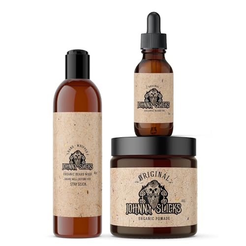 Johnny Slicks Hair and Beard Grooming Kit | Organic Pomade, Beard Oil, Beard Wash | USA Made, Veteran Owned (Anti-Itch, Anti-Dandruff, Promotes Growth), Original Scent