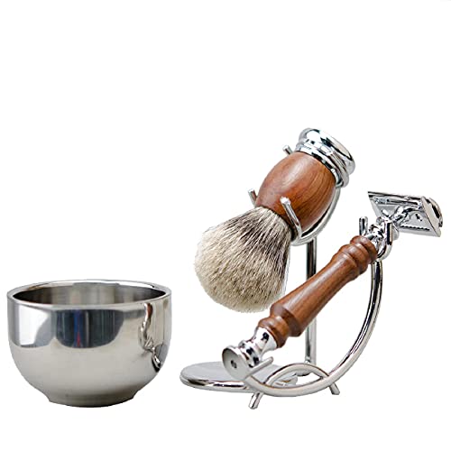 Grandslam Safety Razor Shaving Kit for Men,Pure Badger Hair Brush and Double Edge Safety Razor with Rosewood Handle, Stainless Steel Shaving Stand and Double Layer Large Bowl with 10 Blade
