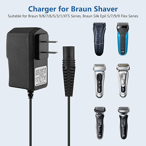 12V Charger for Braun Shaver 9 8 7 6 5 3 1 XT5 Series, Power Cord for Braun S3 S6 S7 S8 S5 S9 S1 Electric Razor 3040s 340s 9385cc 370 720 760cc 790cc 720s-4 7865cc 9090cc 9330s 5018s (5Ft)