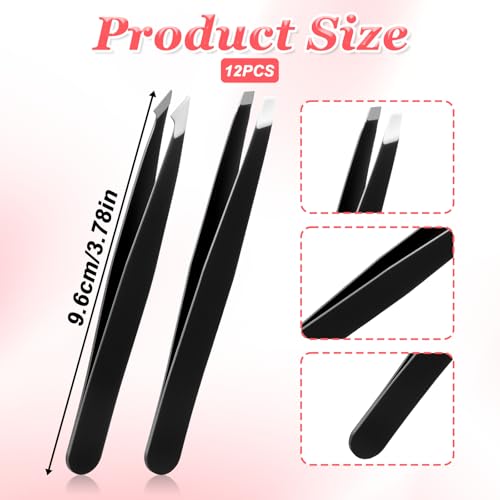 12 Pcs Eyebrow Tweezers Bulk, Stainless Steel Tweezers for Eyebrows Slanted Tip Precision Tweezer for Facial Hair Ingrown Hair Blackhead Splinter Removal and Lash Extension for Men Women (Black)