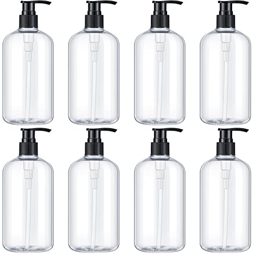 8 Pcs Plastic Pump Bottles Empty Lotion Bottle with Pump Refillable Dish Soap Dispenser Portable Hand Soap Dispenser Shampoo Lotion Container for Oil Liquid Soap(Clear,16 oz)