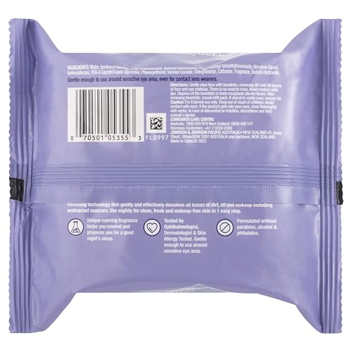 Neutrogena Night Calming Cleansing Makeup Remover Face Wipes, Disposable Nighttime Facial Towelettes to Remove Dirt, Oil, Makeup & Waterproof Mascara, Alcohol-Free, 25 ct