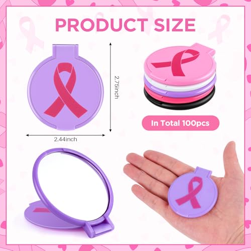 100pcs Breast Cancer Awareness Gifts for Women Pink Ribbon Mini Folding Makeup Mirror Bulk Round Pocket Portable Mirror Breast Cancer Awareness Accessories for Girls Survivor Party Favors Supplies