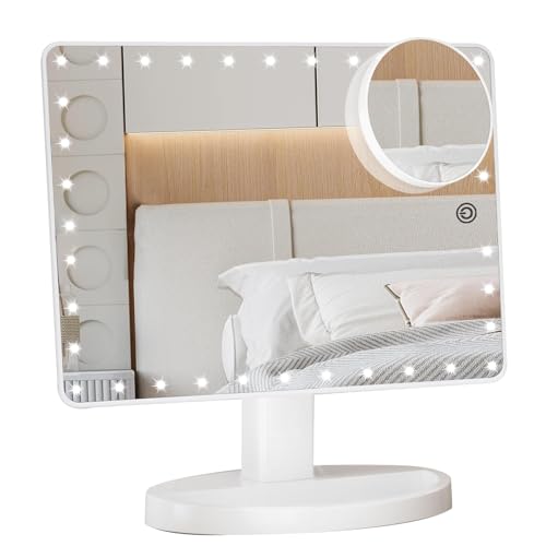 FUNTOUCH Large Lighted Makeup Mirror with Lights, Light Up Mirror with Small 10x Magnification for Desk, 360¡ÆRotation Touch Screen,Brightness Adjustable Tabletop Cosmetic Vanity Make Up Mirror