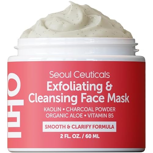 SeoulCeuticals Korean Face Scrub - Exfoliating Face Mask Skincare K Beauty Mask for Glass Skin - Kaolin Clay + Charcoal Cream Exfoliant Mask 2oz