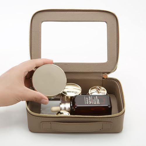 Aveniee Clear Makeup Bag for Women, Small Toiletry Travel Bag with Zipper, Portable Cosmetic Organizer Pouch for Skincare, Car Organizer Storage Bag for Essentials, Mocha Brown,Medium Classic