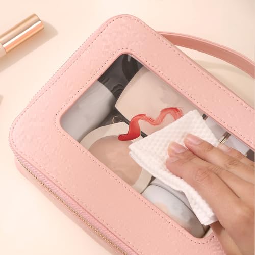 Meiyuuo Clear Makeup Bag Cosmetic Organizer Case with Handle Large Travel Toiletry Bag Zipper Skincare Pouch for Purse Essentials Waterproof Car Bag for Women Off White