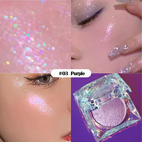 Purple Pink Shimmer Glitter Highlighter Contour Palette, Chameleon Face Illuminator Highlighter Powder, Diamond Glow Sparkle Highlight Makeup Face Body Cheek, 03# Purple Pink