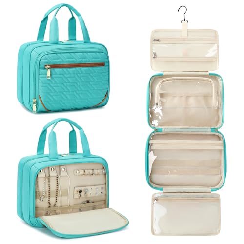 Large Travel Toiletry Bag for Women, Waterproof Hanging Toiletry Bags with Jewelry Organizer, Cosmetic Makeup Bag Organizer, Full-size Container, Travel Essentials Accessories, Shampoo, Green