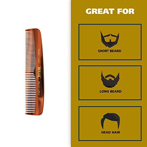 Wahl Beard, Mustache, & Hair Pocket Comb for Men's Grooming - Handcrafted & Hand Cut with Cellulose Acetate - Smooth, Rounded Tapered Teeth - Model 3324