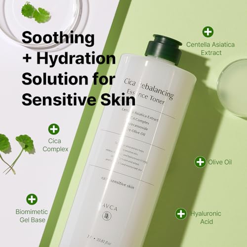 AVCA CICA Rebalancing Essence Facial Toner - Korean Toner with Centella Asiatica for Hydrating & Soothing, ph5.5 Trouble Care, Korean Skin Care (1L/33.8fl.oz.)