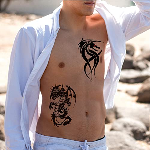 Dragon Temporary Tattoo For Men Adult, Realistic Large Tribal Dragon Fake Tattoo Men, Waterproof Long Lasting Big Temp Tatoo Sticker Boy Teen Chest Half Arm Body Art Makeup, 8-Sheet (Dragon)