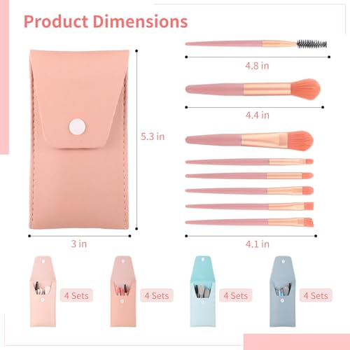 16 Pack Travel Brush Sets 8-Piece Mini Synthetic Fiber Cosmetic Brushes with Bag, 4 Colors- Bridesmaid Present & Bachelorette Party Favor