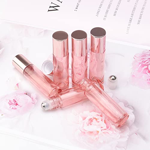 JIUWU 33Pcs Glass Roll on Bottles, 10ml Bright Rose Gold Roller Bottles Vials for Perfumes Aromatherapy Essential Oils Lip Balm Liquid, Accessories include