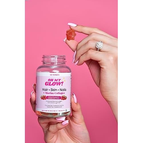 Oh My Glow! Hair, Skin & Nails + Marine Collagen ? Gluten-Free, Non-GMO Gummies, Raspberry Pomegranate