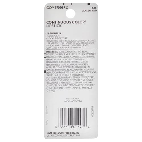 COVERGIRL Continuous Color Lipstick Classic Red 435, .13 oz (packaging may vary) (Pack of 2)
