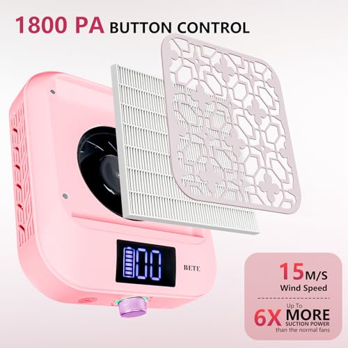 BETE Cordless Nail Dust Collector, 1800PA Powerful & Quiet Suction for Acrylic Nails Polishing, Rechargeable 6600mAh Battery with LED Display & Adjustable Speed, Perfect for Salon and Home Use, Pink