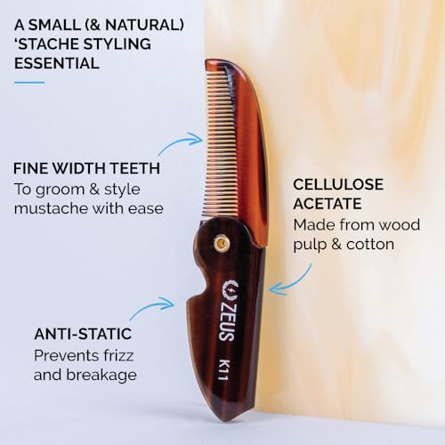 ZEUS Folding Mustache Comb for Men, Handmade Saw-Cut Pocket Comb for Men¡¯s Beard & Moustache Grooming, Compact & Travel Friendly (Traditional) K11