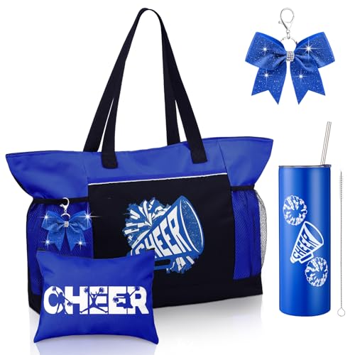 Patelai 4 Pcs Cheerleader Gifts Set Cheer Tote Bag 20 oz Tumbler Women Makeup Bag Keychain Stuff Accessories for Cheerleader