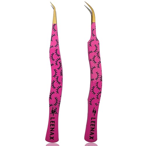 Professional 2-Piece Eyelash Extension Tweezers Set ? Premium Stainless Steel Precision Tweezers with Anti-Slip Grip with Fiber Tips (Pink)
