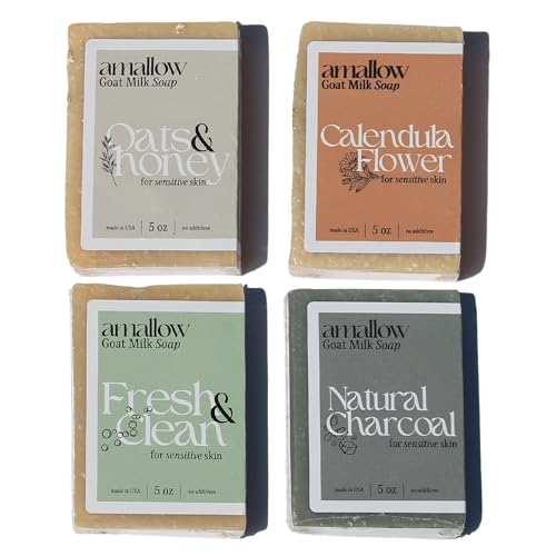 Amallow Premium Goat Milk Soap Bars - Dry Skin, Gentle, Organic & Soothing - Hand Made in USA with Real Goat Milk - Large 5 OZ (Pack of 4) - (Variety Pack)