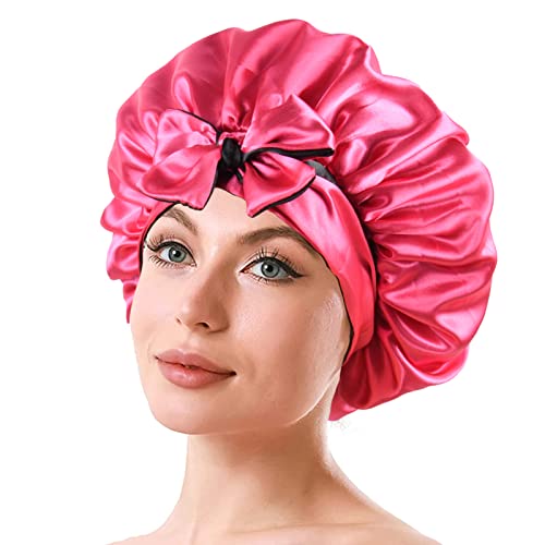 Satin Bonnet with Tie Band Adjustable Silk Bonnet Sleep Cap for Braids double layer with Tie for Sleeping (Hot Pink +Black)