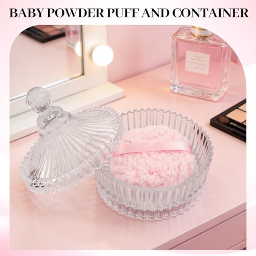 6'' Extra Large Dusting Powder Puff & Glass Container Set, Soft Reusable Velour Body & Face Puff, Luxury Smooth Finish, Easy Refill Powder Jar for Women