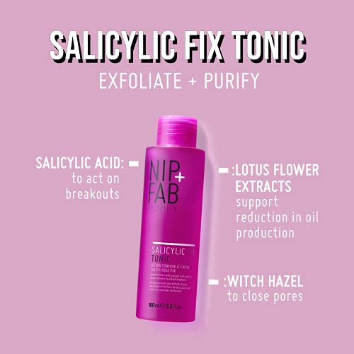 Nip + Fab Salicylic Acid Fix Tonic for Face with Witch Hazel BHA Toner for Breakouts Minimize Pores Oil Control, 3.3 Fl Oz